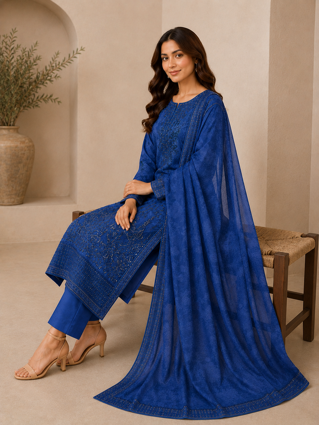 Indigo Petals – 3 Piece Embroidered Cotton Lawn Suit