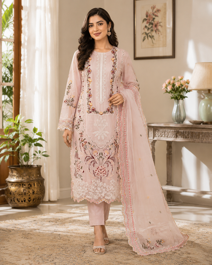 Blush Rose Embroidered Organza – 3 Piece Cotton Lawn