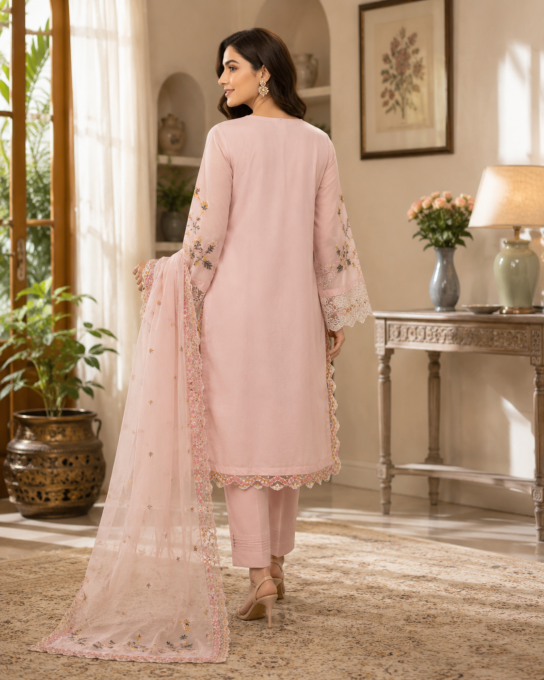 Blush Rose Embroidered Organza – 3 Piece Cotton Lawn