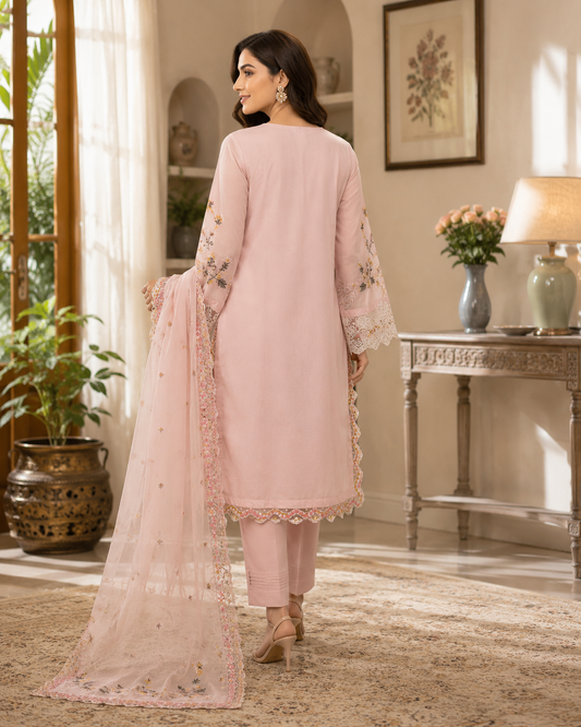 Blush Rose Embroidered Organza – 3 Piece Cotton Lawn