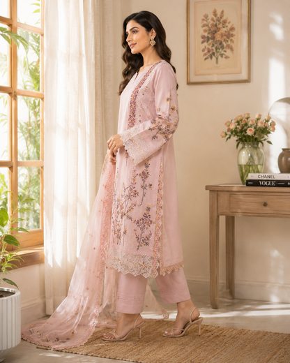 Blush Rose Embroidered Organza – 3 Piece Cotton Lawn