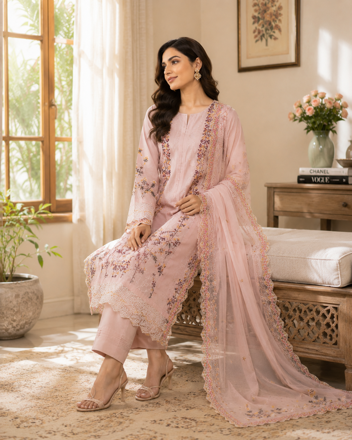 Blush Rose Embroidered Organza – 3 Piece Cotton Lawn