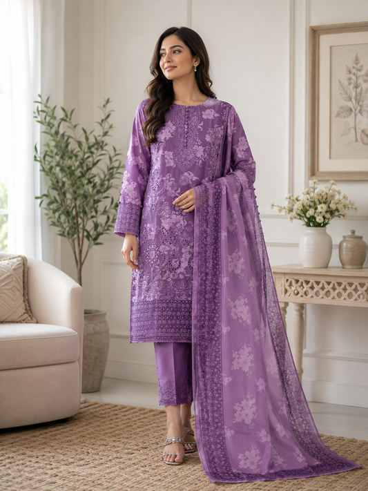Purple Orchid – 3 Piece Embroidered Cotton Lawn Suit