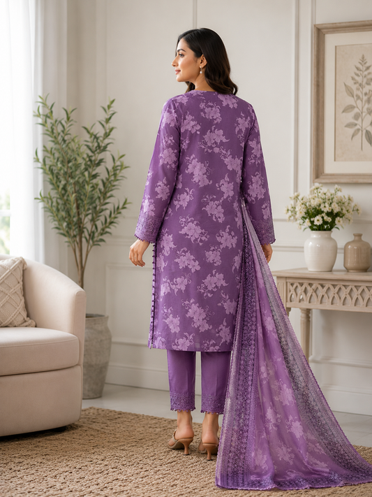 Purple Orchid – 3 Piece Embroidered Cotton Lawn Suit