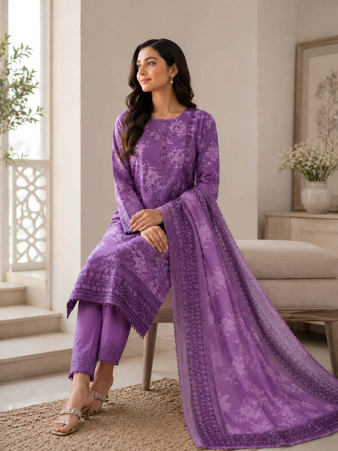 Purple Orchid – 3 Piece Embroidered Cotton Lawn Suit