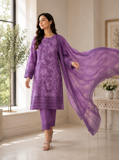 Purple Orchid – 3 Piece Embroidered Cotton Lawn Suit