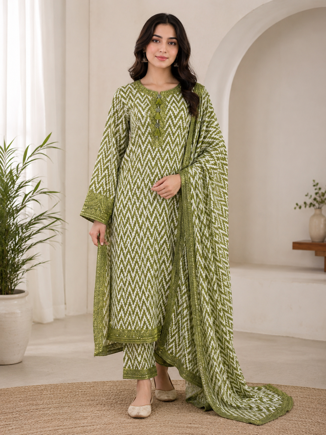 Olive Zigzag – 3 Piece Embroidered Printed Cotton Lawn Suit