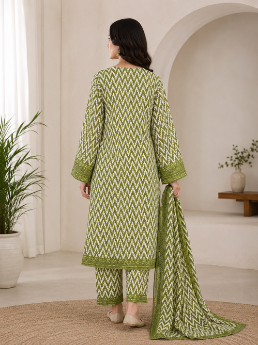 Olive Zigzag – 3 Piece Embroidered Printed Cotton Lawn Suit