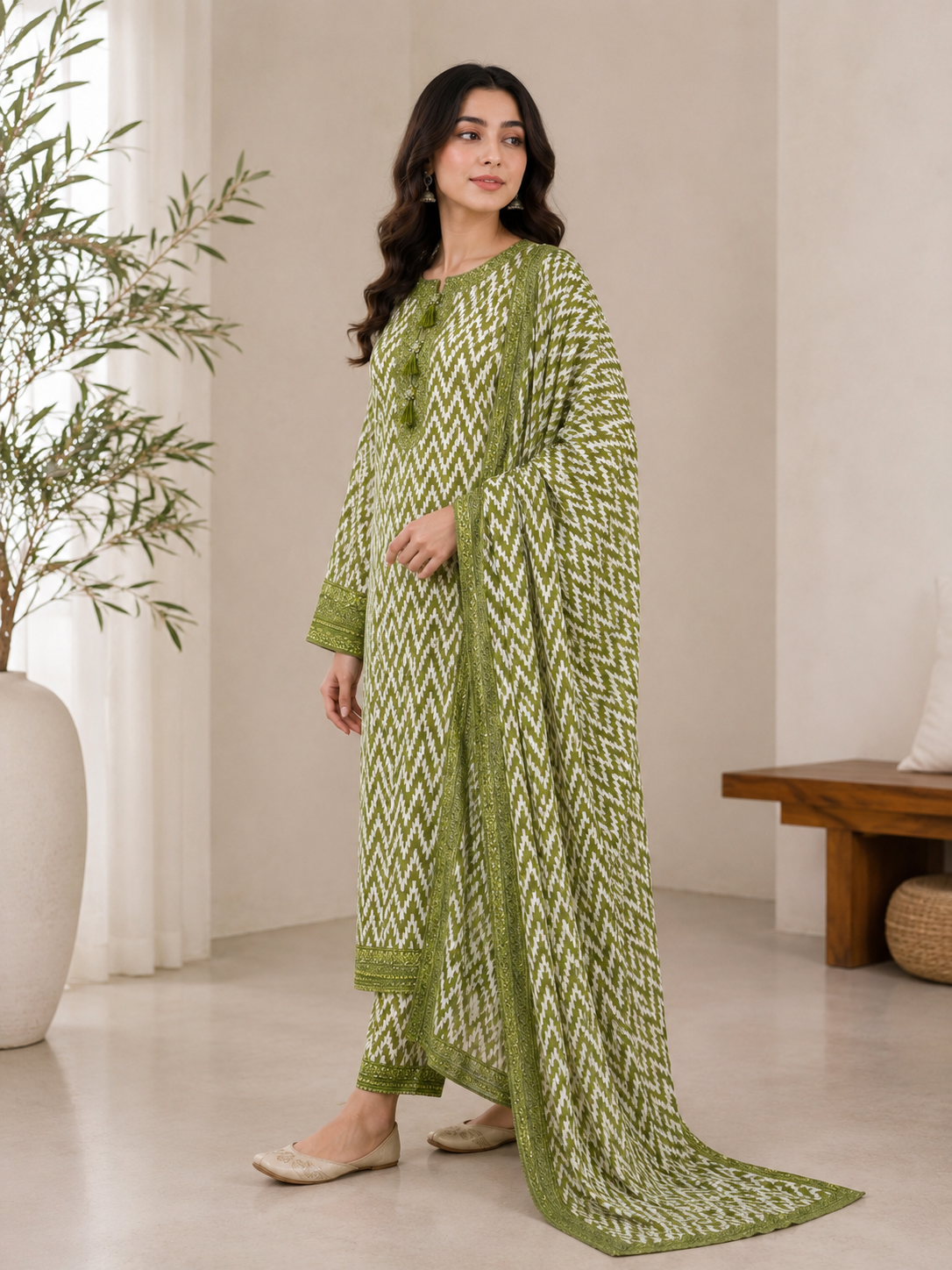 Olive Zigzag – 3 Piece Embroidered Printed Cotton Lawn Suit