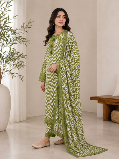 Olive Zigzag – 3 Piece Embroidered Printed Cotton Lawn Suit