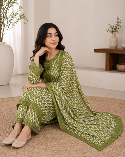 Olive Zigzag – 3 Piece Embroidered Printed Cotton Lawn Suit