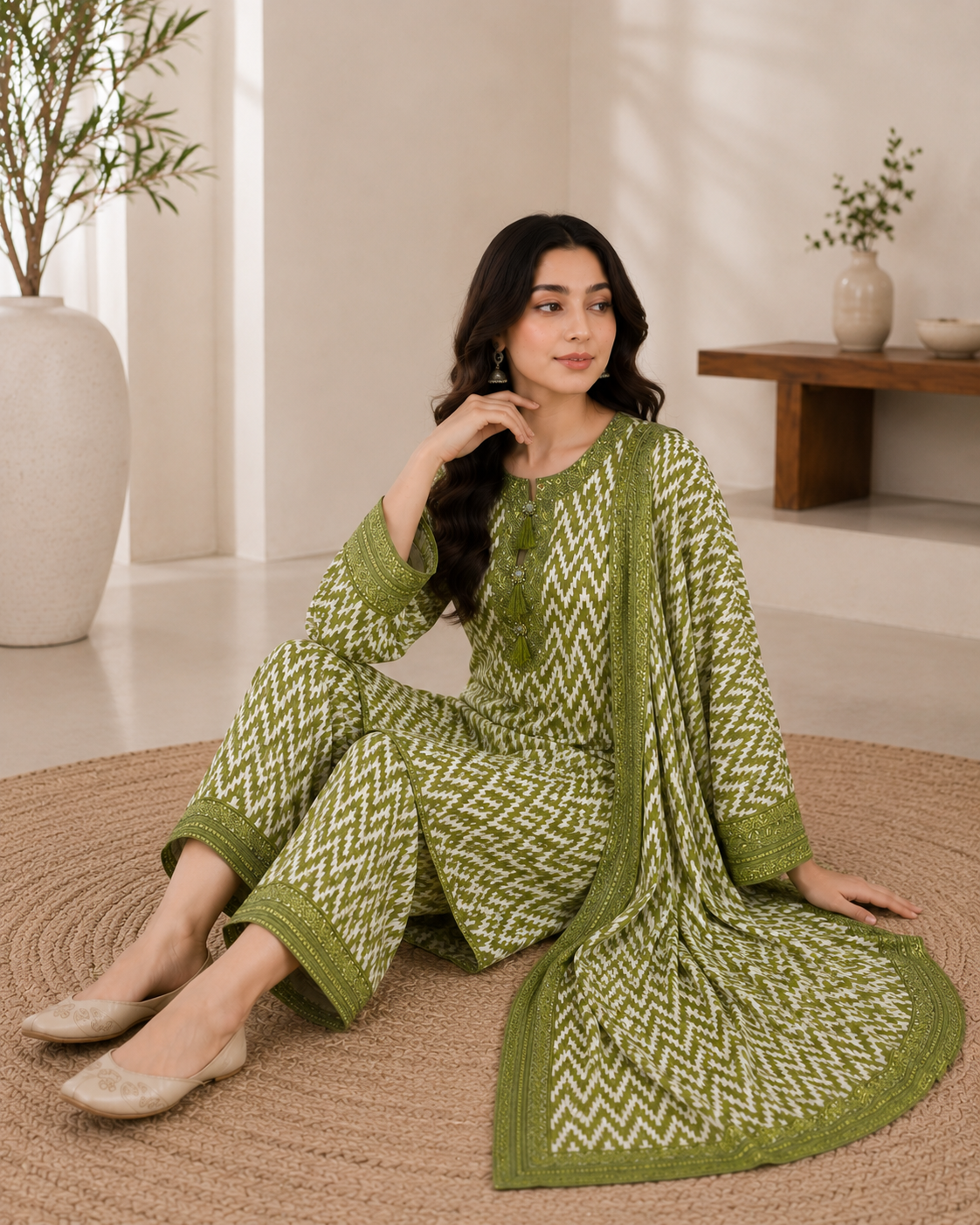 Olive Zigzag – 3 Piece Embroidered Printed Cotton Lawn Suit