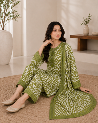 Olive Zigzag – 3 Piece Embroidered Printed Cotton Lawn Suit