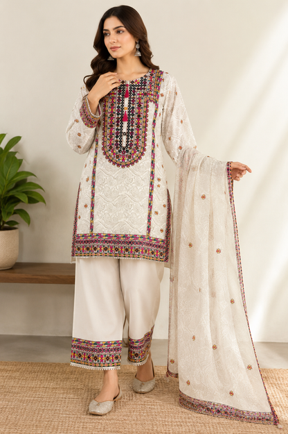 Ivory Folk – 3 Piece Embroidered Cotton Lawn Suit