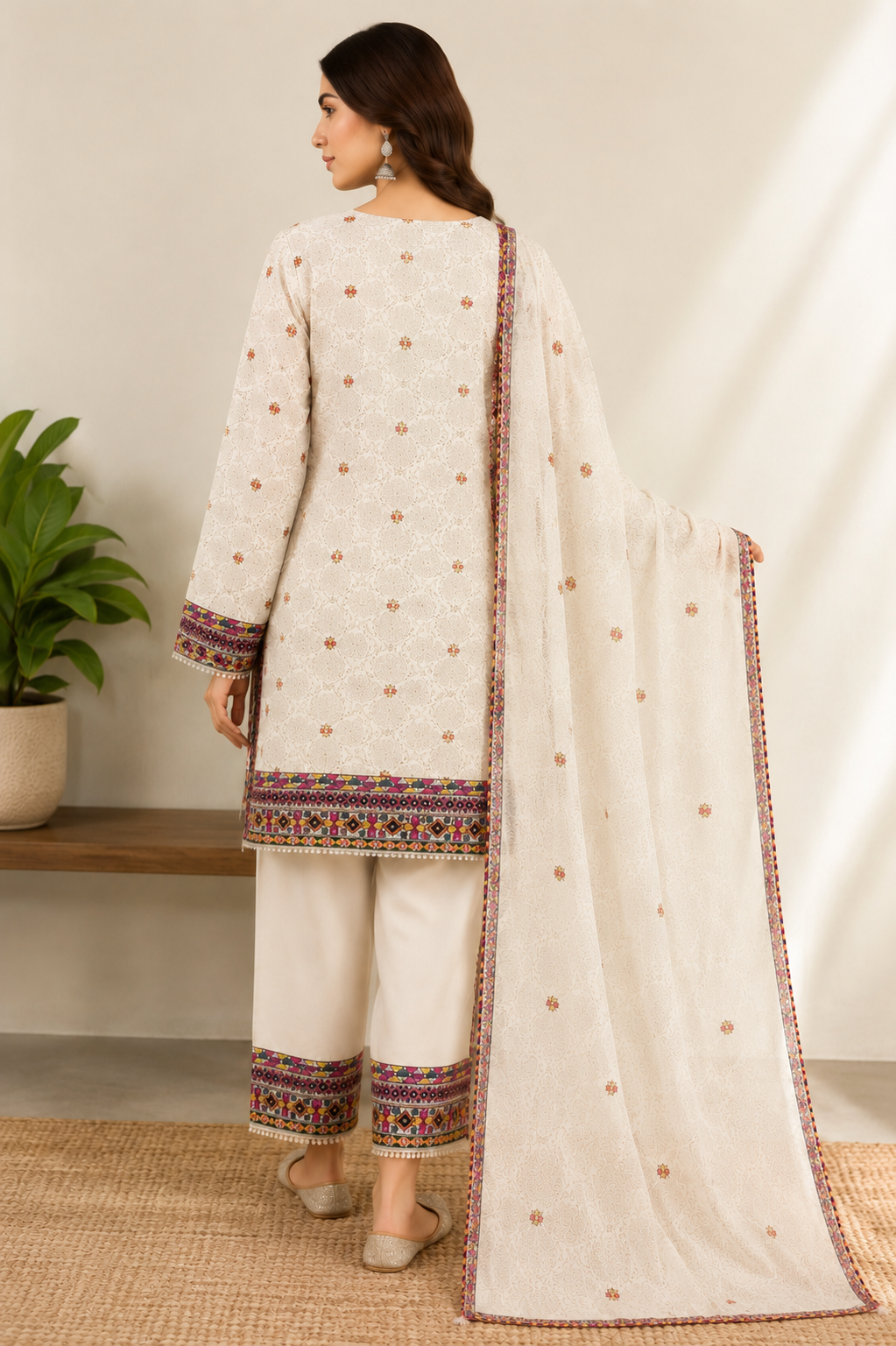 Ivory Folk – 3 Piece Embroidered Cotton Lawn Suit