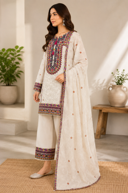 Ivory Folk – 3 Piece Embroidered Cotton Lawn Suit