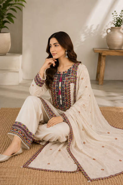 Ivory Folk – 3 Piece Embroidered Cotton Lawn Suit