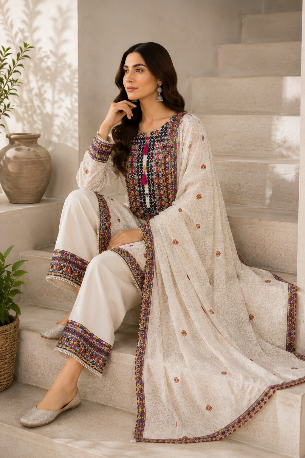 Ivory Folk – 3 Piece Embroidered Cotton Lawn Suit
