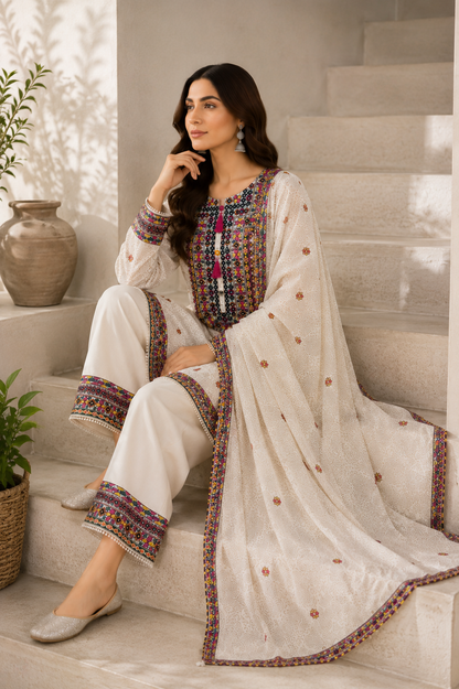Ivory Folk – 3 Piece Embroidered Cotton Lawn Suit