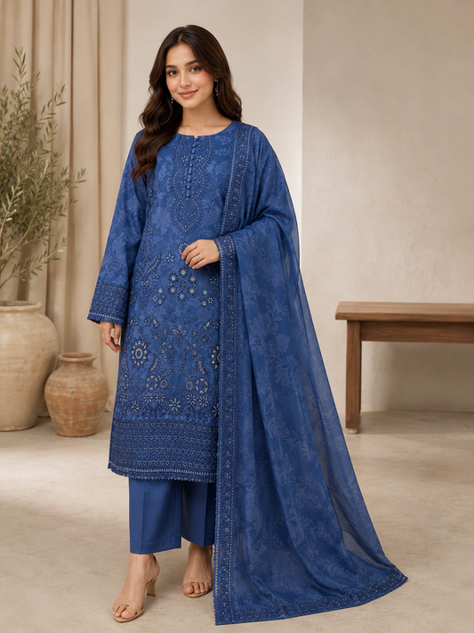 Indigo Petals – 3 Piece Embroidered Cotton Lawn Suit