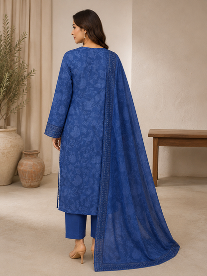 Indigo Petals – 3 Piece Embroidered Cotton Lawn Suit