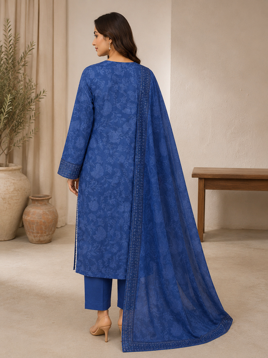 Indigo Petals – 3 Piece Embroidered Cotton Lawn Suit