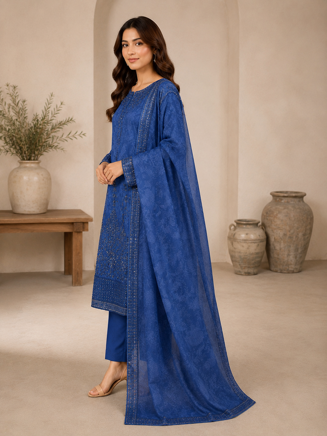 Indigo Petals – 3 Piece Embroidered Cotton Lawn Suit