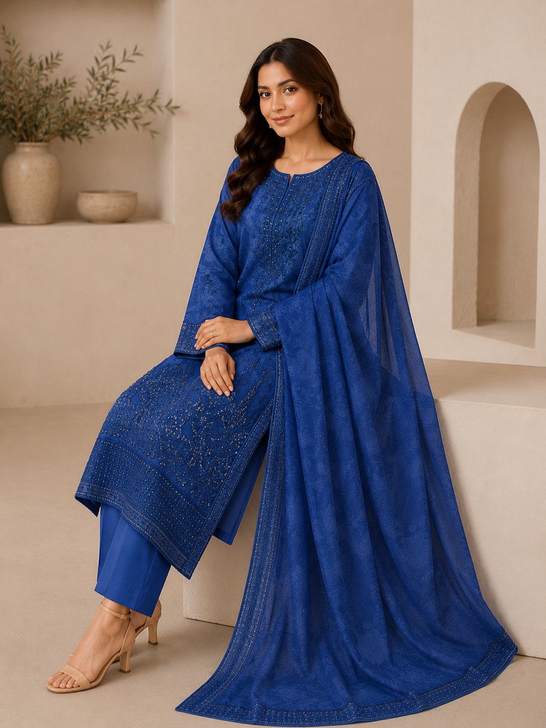 Indigo Petals – 3 Piece Embroidered Cotton Lawn Suit