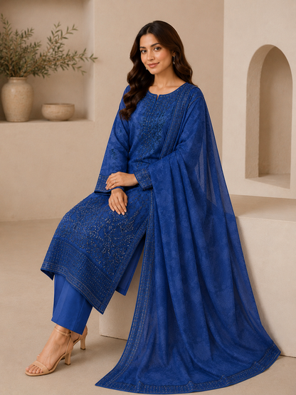 Indigo Petals – 3 Piece Embroidered Cotton Lawn Suit